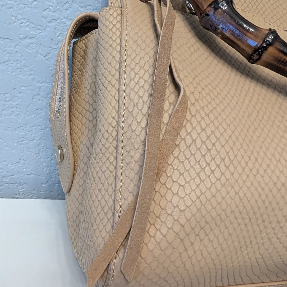 Elaine Turner Tan Snakeskin Embossed Leather Bamboo Handle Satchel Crossbody Bag